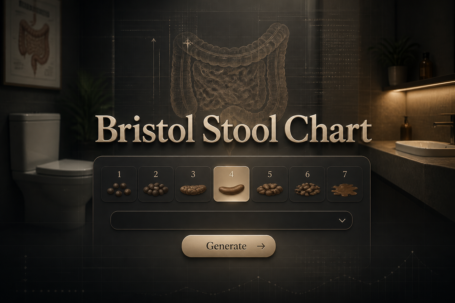 Centered hero image for a Bristol Stool Chart tool showing the title text Bristol Stool Chart, a stool type selector with numbered choices and dropdown, and a Generate button over a sleek bathroom clinic interface for a Bristol stool chart guide.
