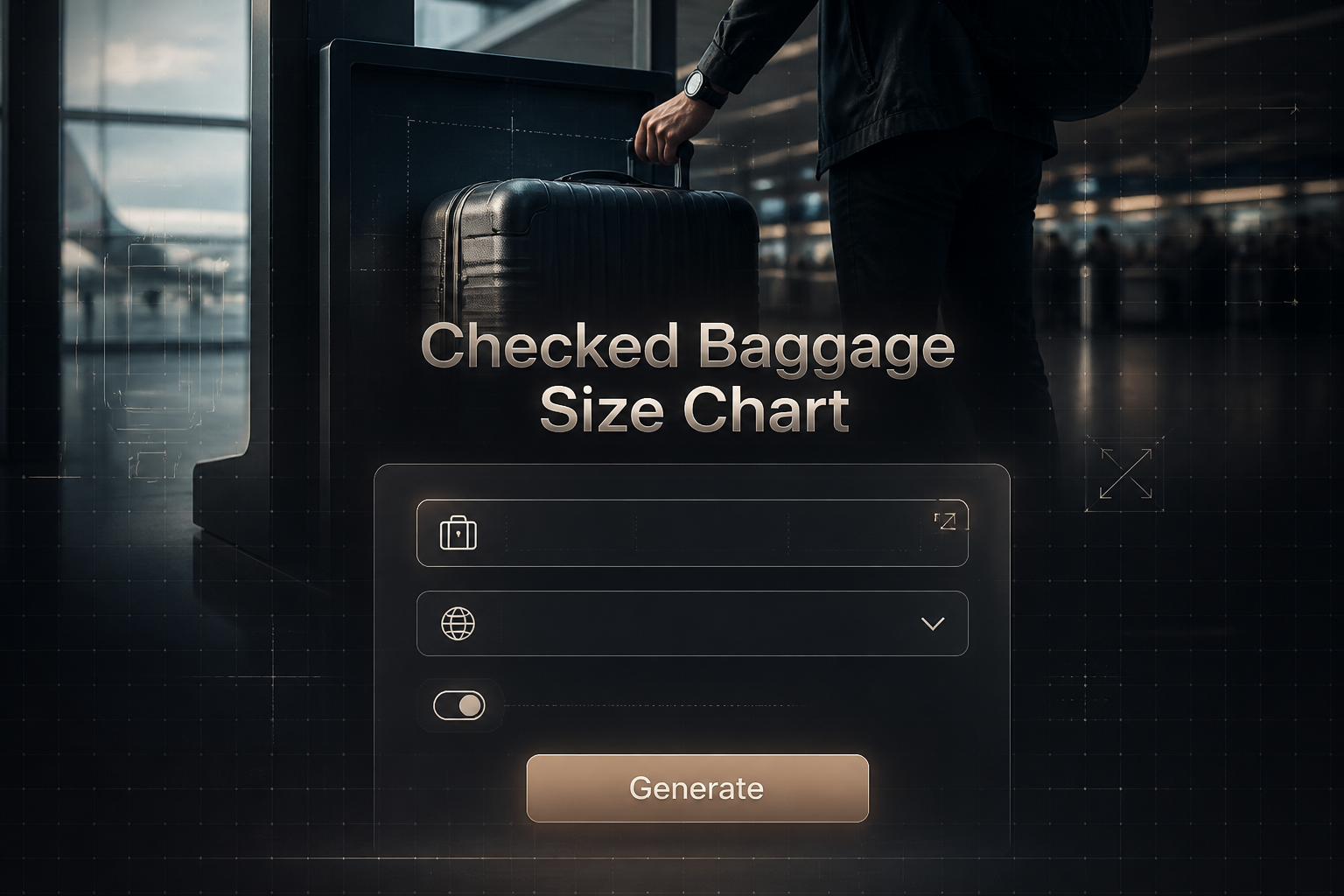 Centered hero graphic for a checked baggage size chart tool with a polished input panel, airline dropdown, oversize toggle, and Generate button over a realistic airport luggage sizing scene with subtle grid lines and baggage dimension checker design.