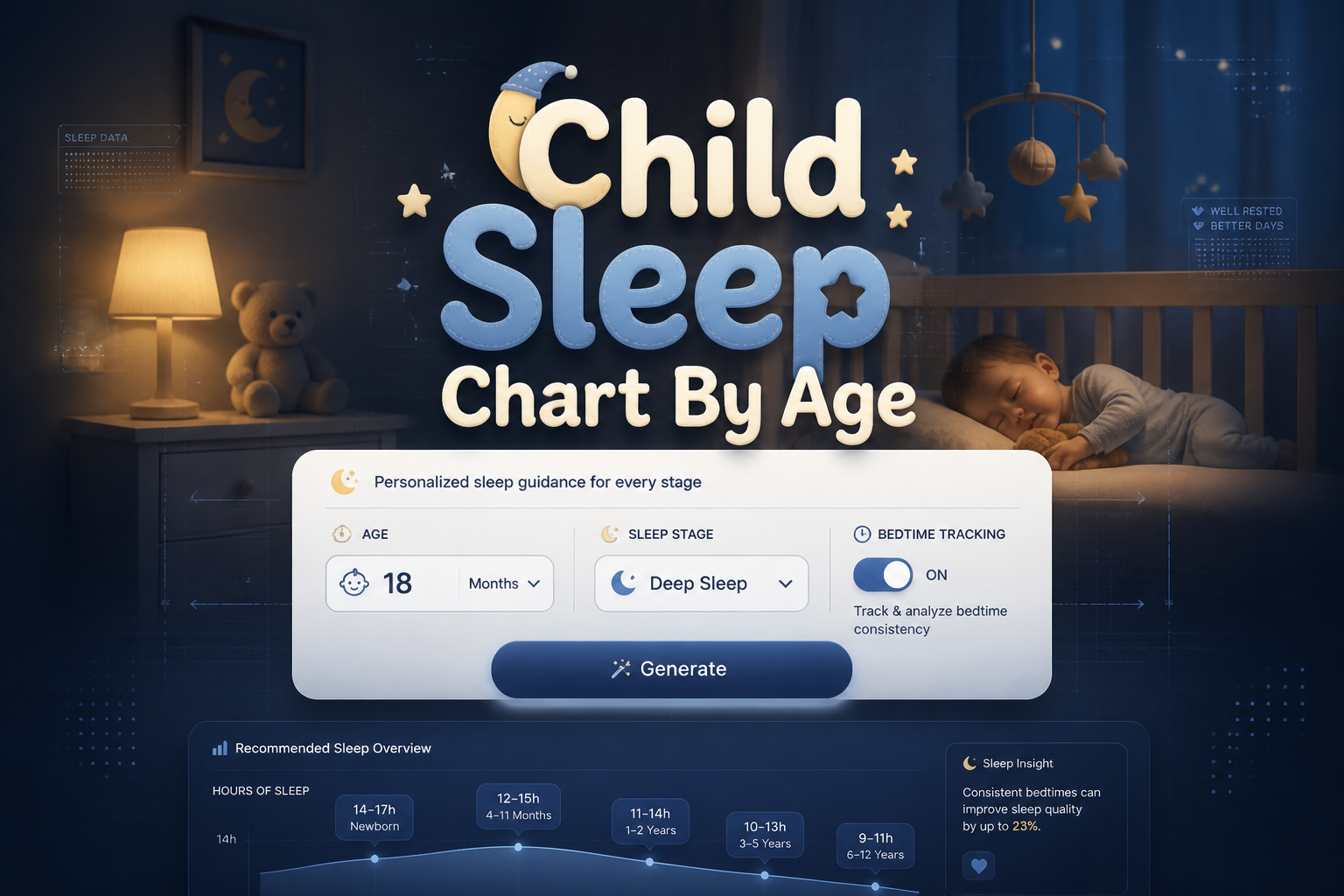 Centered premium parenting dashboard hero with the text Child Sleep Chart By Age, an age input, sleep stage dropdown, bedtime tracking toggle, and Generate button over a calm nursery background, ideal for a child sleep chart by age tool and kids sleep schedule guide
