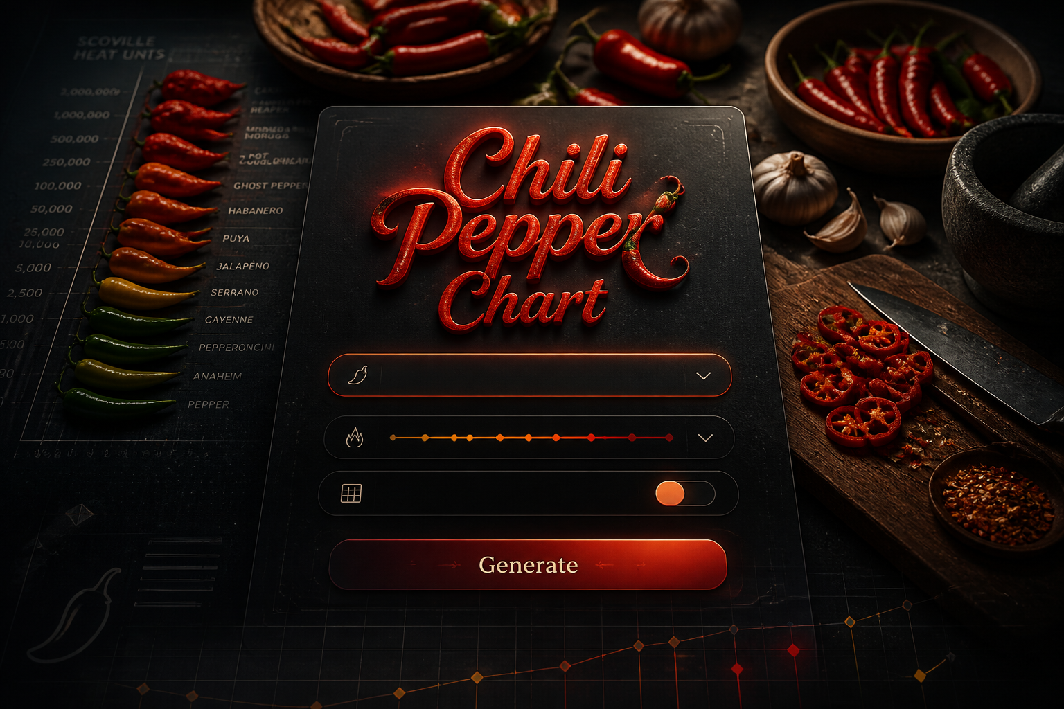 Centered hero graphic for a Chili Pepper Chart tool showing a refined UI panel with a pepper type input, heat scale dropdown, chart style toggle, and Generate button over a realistic background of fresh chili peppers and spice chart visuals.