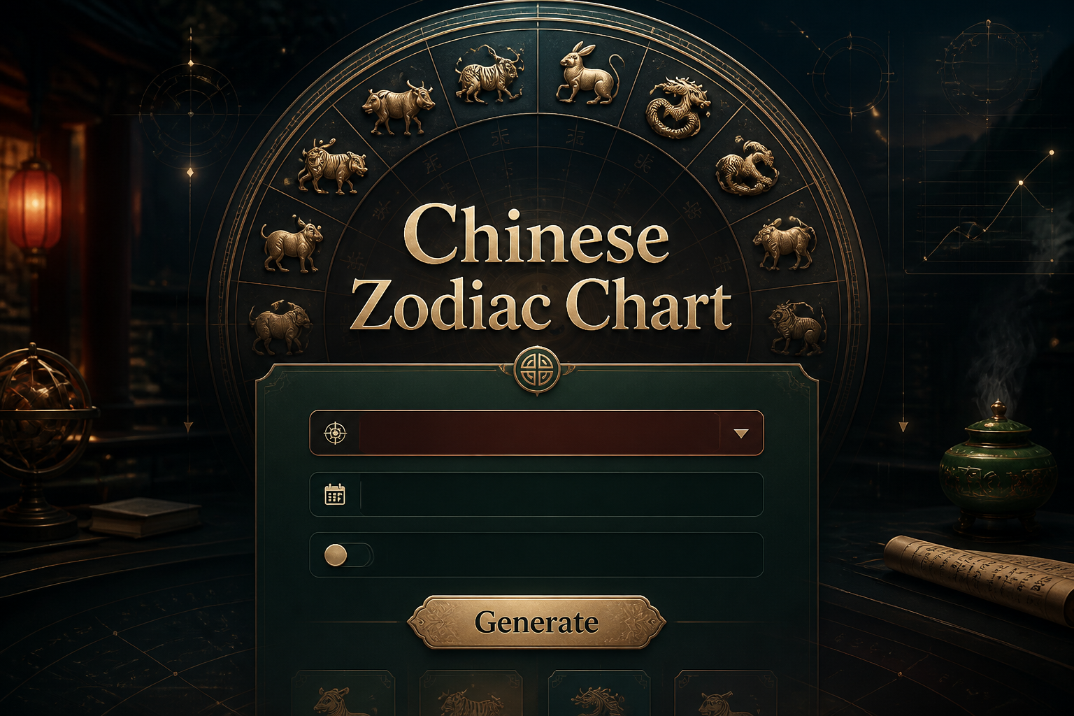 Centered hero image of a Chinese Zodiac Chart tool with a softly shadowed title, dropdown for zodiac year, birth date input, compatibility toggle, and Generate button on a sleek gold, jade, and midnight astrology dashboard background.