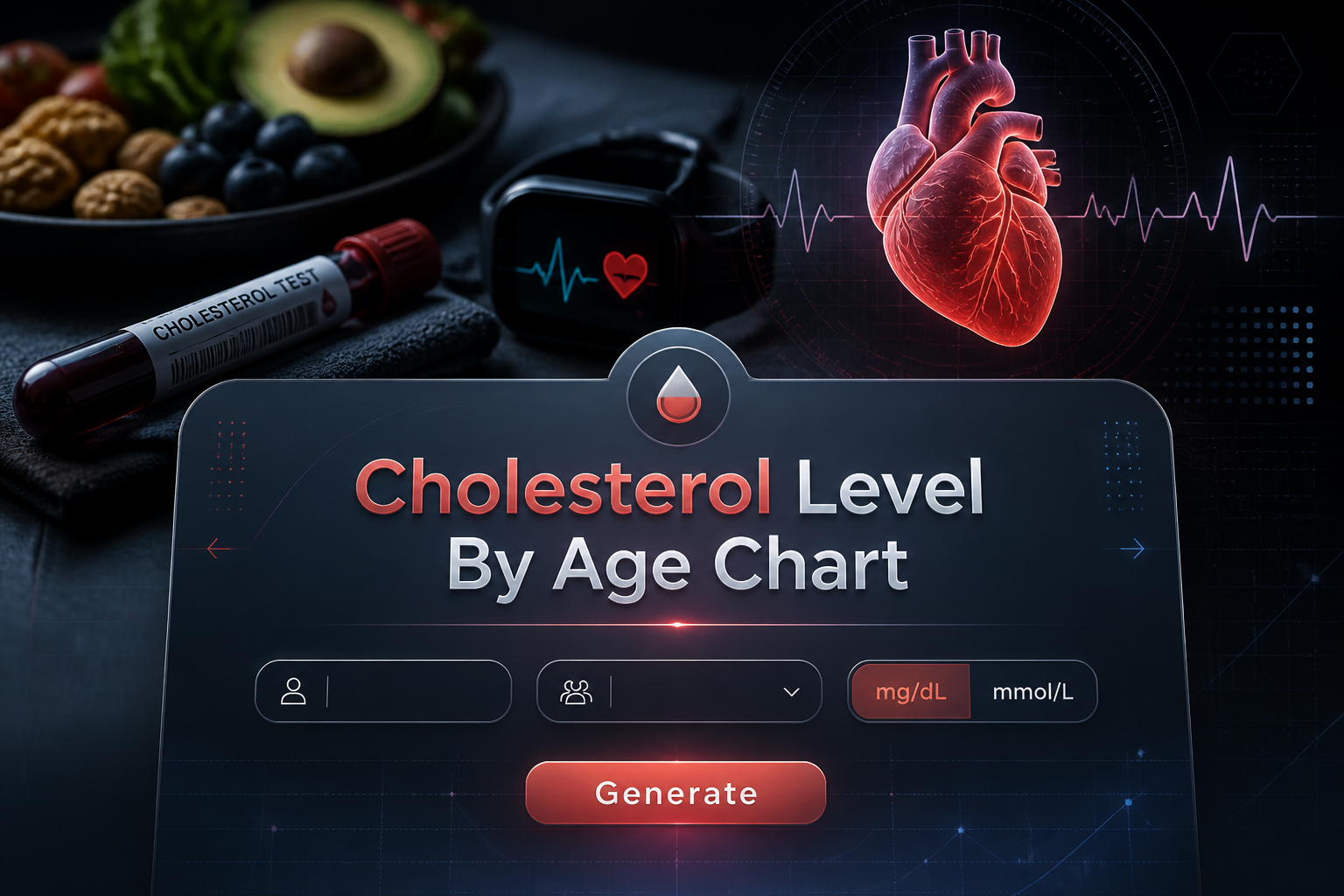 Centered modern cholesterol chart tool hero with a "Cholesterol Level By Age Chart" title, age input, age range dropdown, cholesterol units toggle, and Generate button over a sleek heart-health UI for cholesterol level by age chart and cholesterol levels by age.