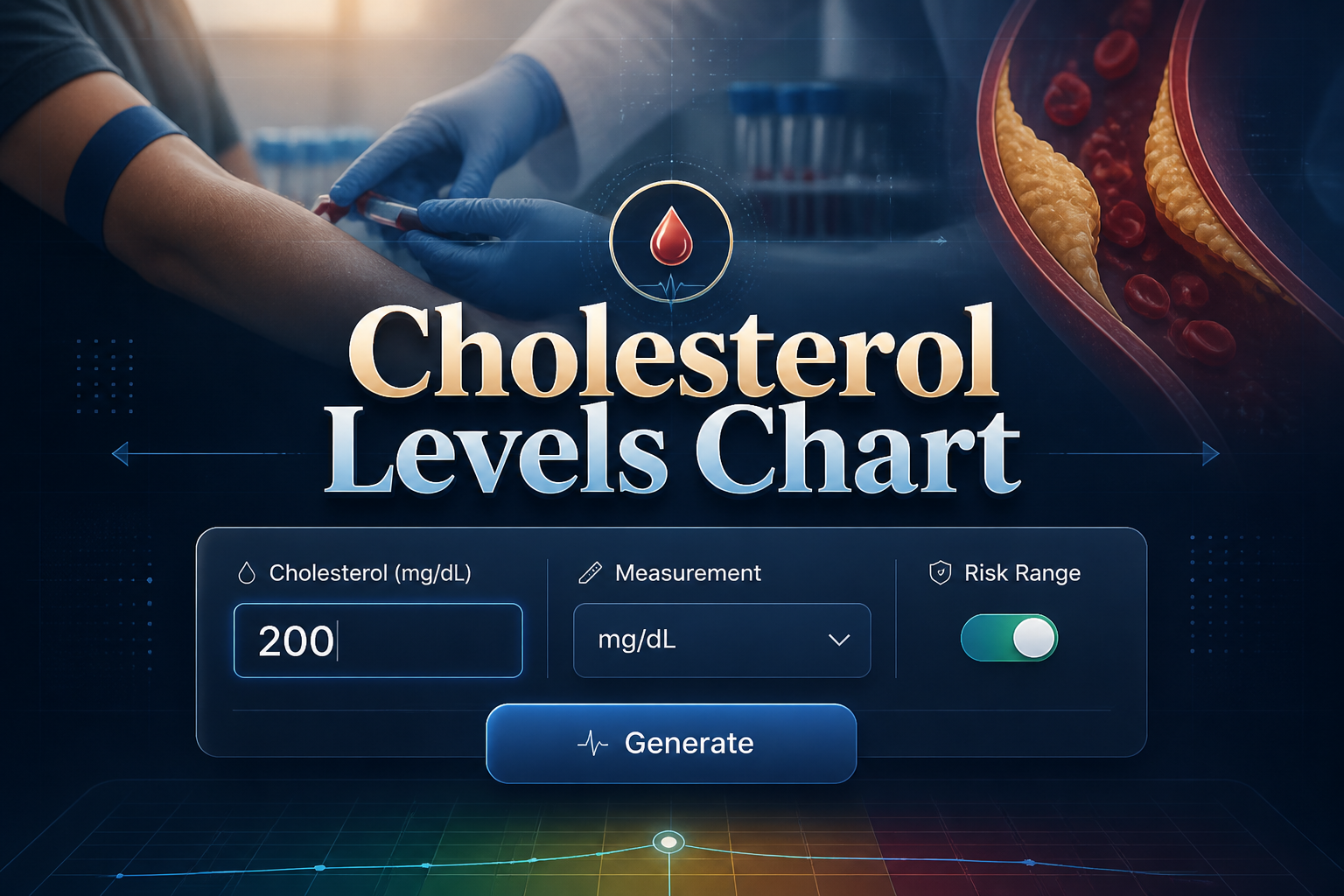 Centered premium cholesterol calculator hero with the title Cholesterol Levels Chart, a value input, measurement dropdown, risk range toggle, and Generate button, plus sleek medical UI details for cholesterol level interpretation and blood cholesterol chart use.