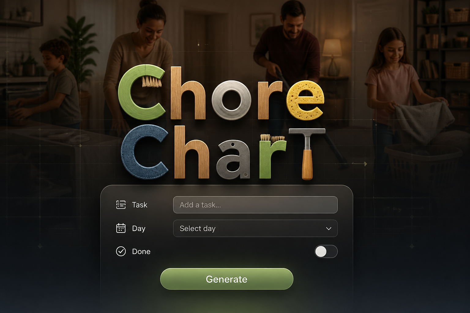 Centered hero graphic for a chore chart tool with the text Chore Chart, a task input, day dropdown, done toggle, and Generate button, styled as a premium family chore chart planner with a sleek modern UI over a fading home-use scene.