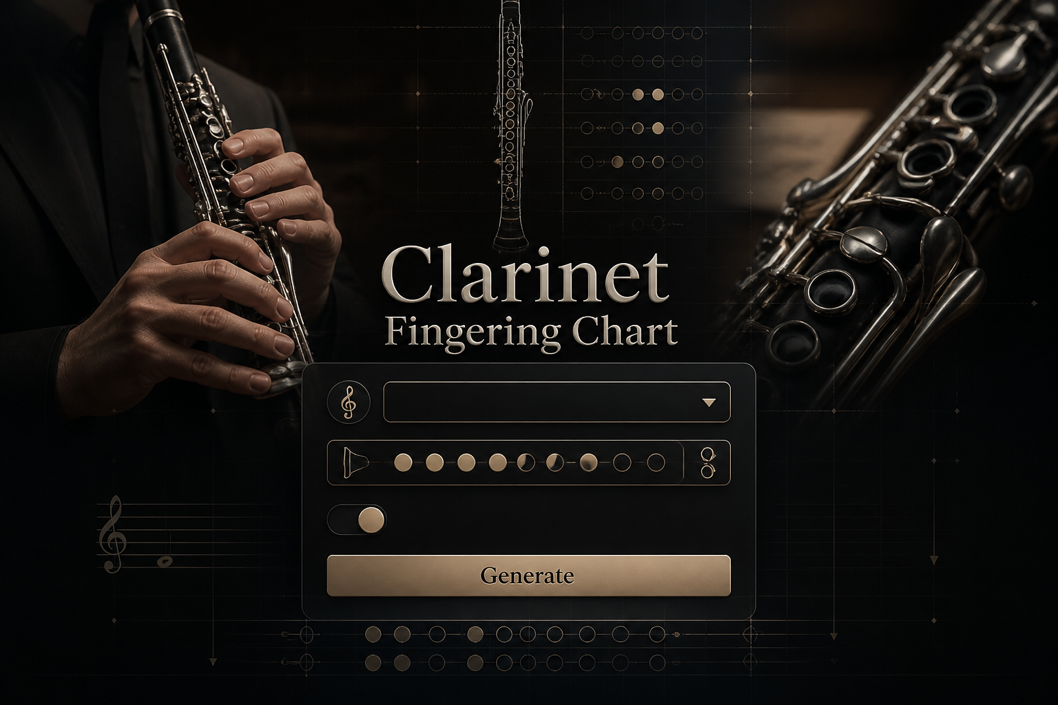 A sleek clarinet fingering chart hero image with a centered tool panel, key selection dropdown, fingering selector, toggle, and Generate button over a realistic clarinet player background, perfect for a clarinet fingering chart tool and clarinet fingering guide.