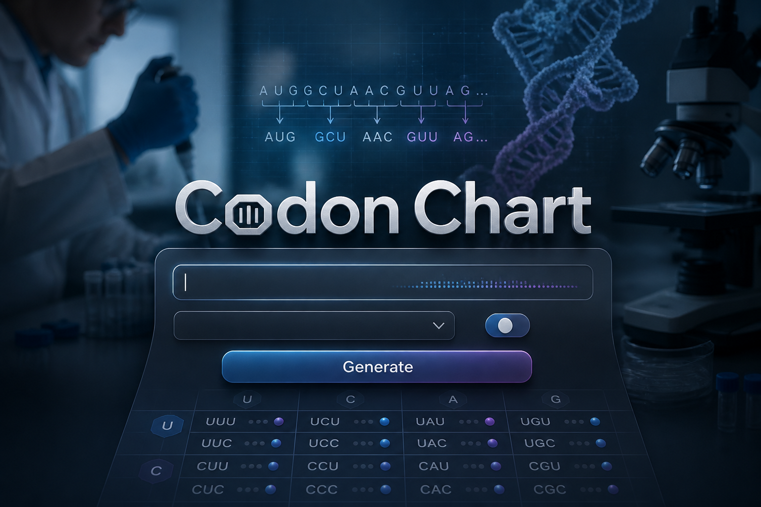 Centered hero image of a Codon Chart tool with a softly shadowed title, RNA sequence input, dropdown, toggle, and Generate button over a polished molecular biology interface with codon mapping hints and an RNA sequence to amino acid conversion tool vibe.