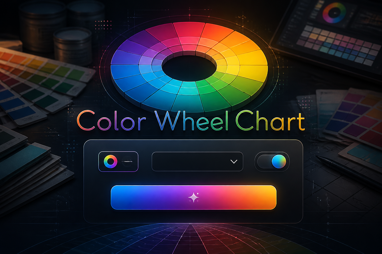 Centered hero graphic with "Color Wheel Chart" over a sleek color wheel chart tool interface, showing a vivid color input field, harmony mode dropdown, compact toggle, and Generate button over a premium designer swatch-matching background.