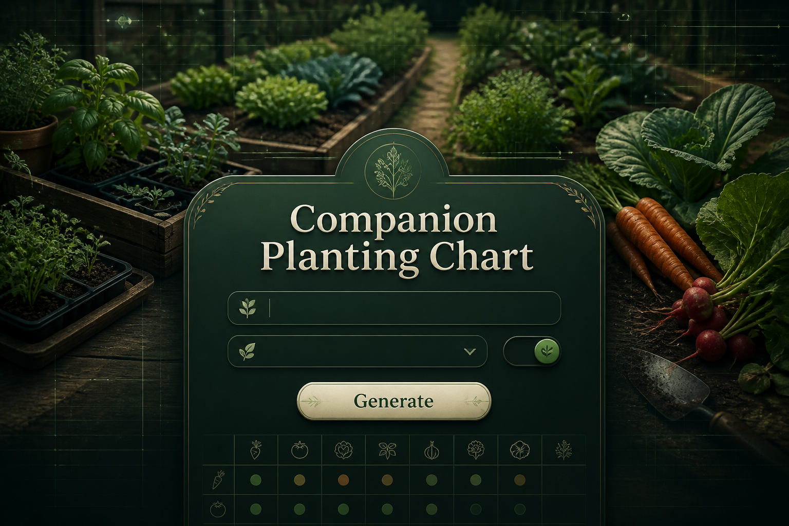 Featured hero image with "Companion Planting Chart" over a sleek garden-planning panel, showing a crop input, companion category dropdown, compatibility toggle, and Generate button, ideal for companion planting chart tool and garden companion planting guide.