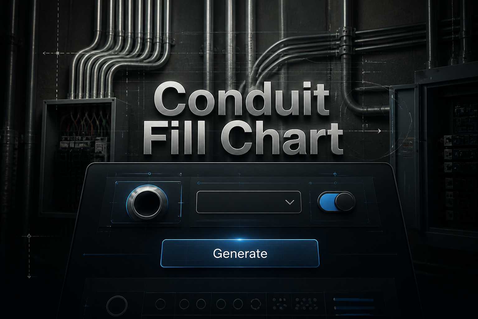Centered hero image for a conduit fill chart tool showing the title Conduit Fill Chart, a conduit size input, wire type dropdown, fill mode toggle, and Generate button over a premium electrical installation scene with subtle chart-inspired grid details.
