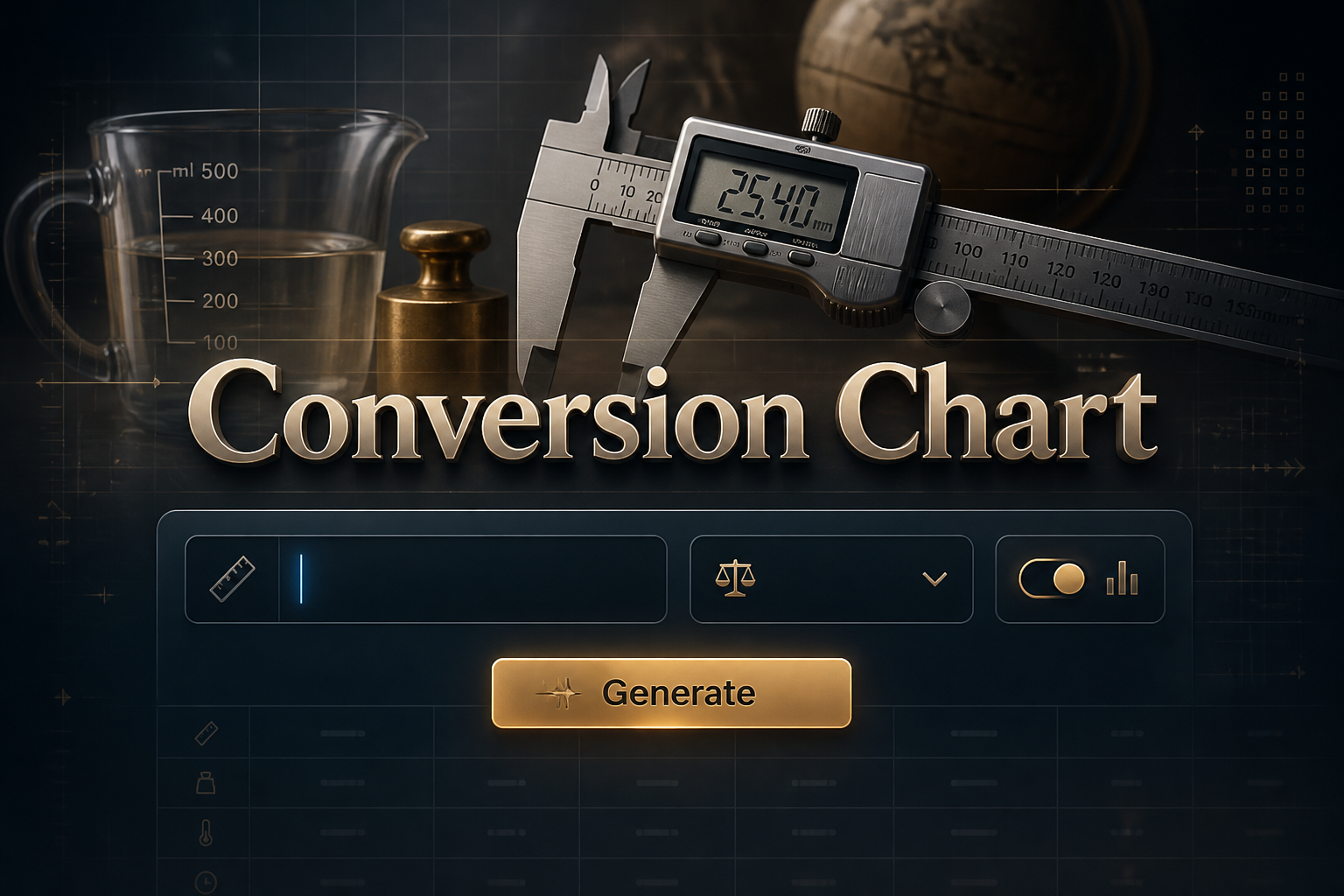 Centered hero graphic for a conversion chart tool with the title Conversion Chart in deep shadow above a sleek UI panel, featuring a value input, unit dropdown, precision toggle, and Generate button, set over a subtle measurement conversion chart background.