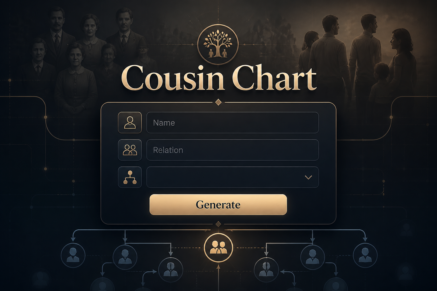 Centered sleek cousin chart hero graphic with the title Cousin Chart, input fields for name and relation, a cousin degree dropdown, and a Generate button, styled as a premium family relationship chart tool with subtle genealogy UI details.
