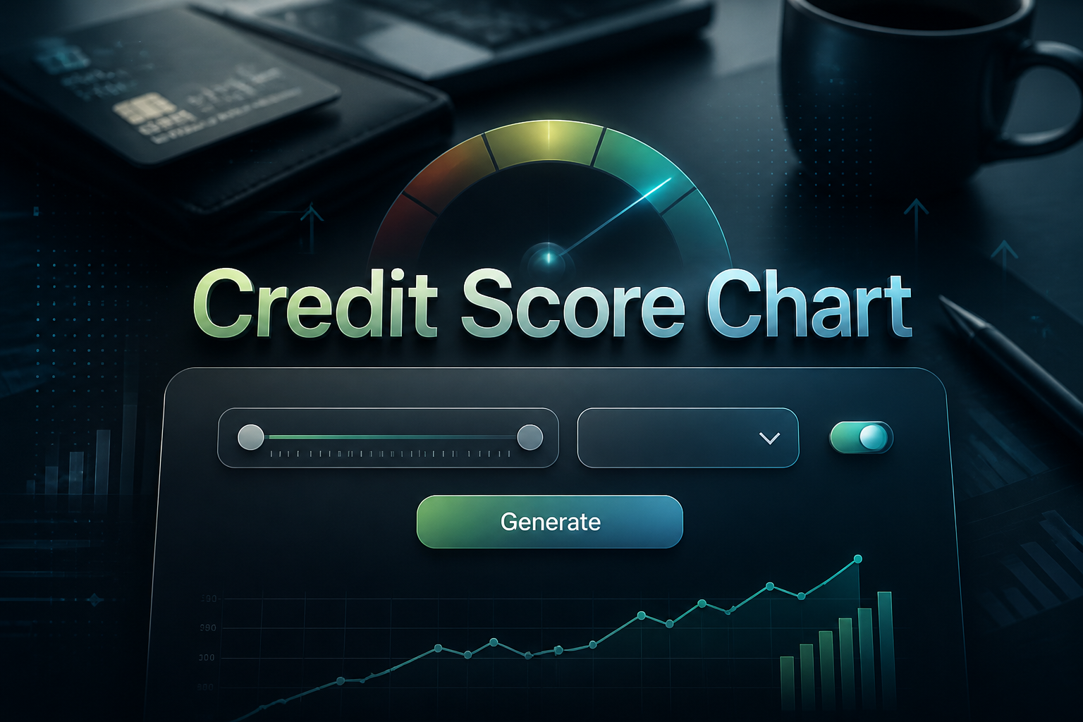 Centered hero image of a credit score chart tool with the title Credit Score Chart, a score range input, score category dropdown, trend toggle, and Generate button over a polished finance dashboard with subtle chart grid accents and analytics UI details.