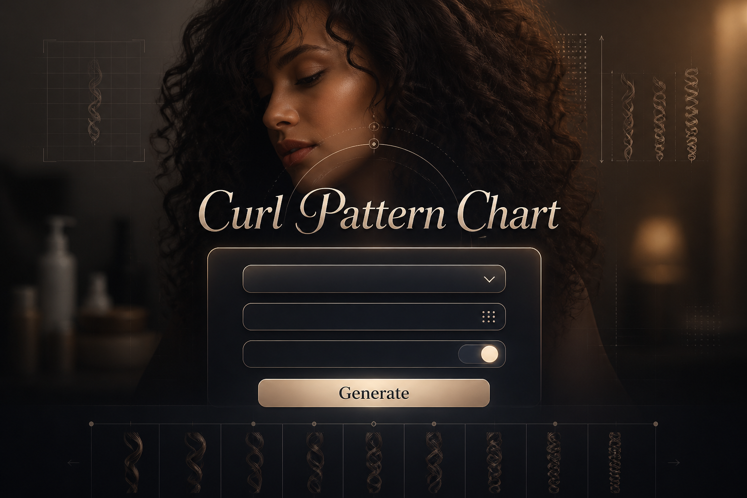 Centered hero graphic for a Curl Pattern Chart tool with a softly shadowed title, sleek dropdown, density field, moisture toggle, and Generate button over a polished hair analysis UI with subtle curl pattern chart and curl type reference design.