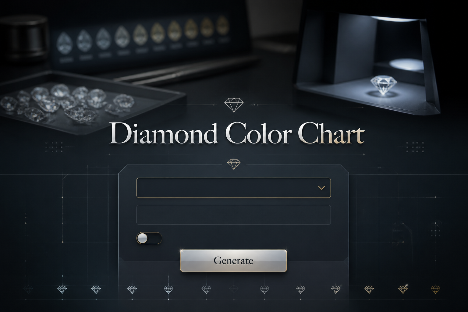 Centered hero graphic for a diamond color chart tool with the title Diamond Color Chart, one color grade dropdown, comparison notes input, small toggle, and Generate button over a sleek jewelry grading scene with loose diamonds and a gem light booth.