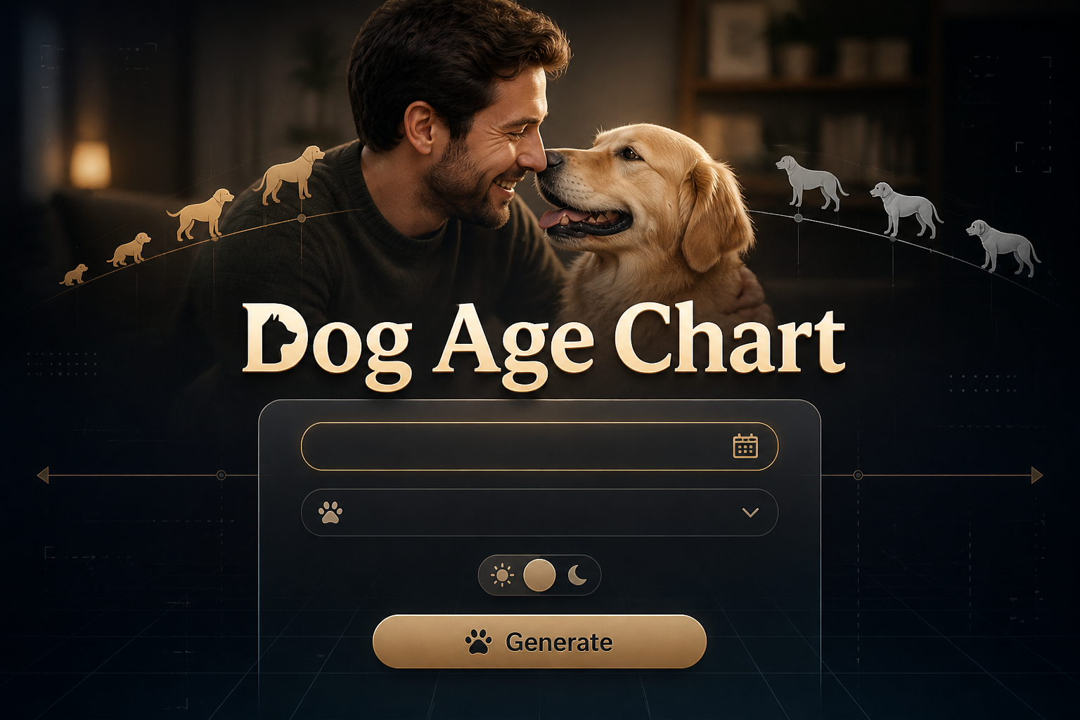 Centered hero graphic for a dog age chart tool with "Dog Age Chart" text, a dog age input, breed size dropdown, age mode toggle, and Generate button, set over a subtle happy dog owner scene with modern age comparison cues.