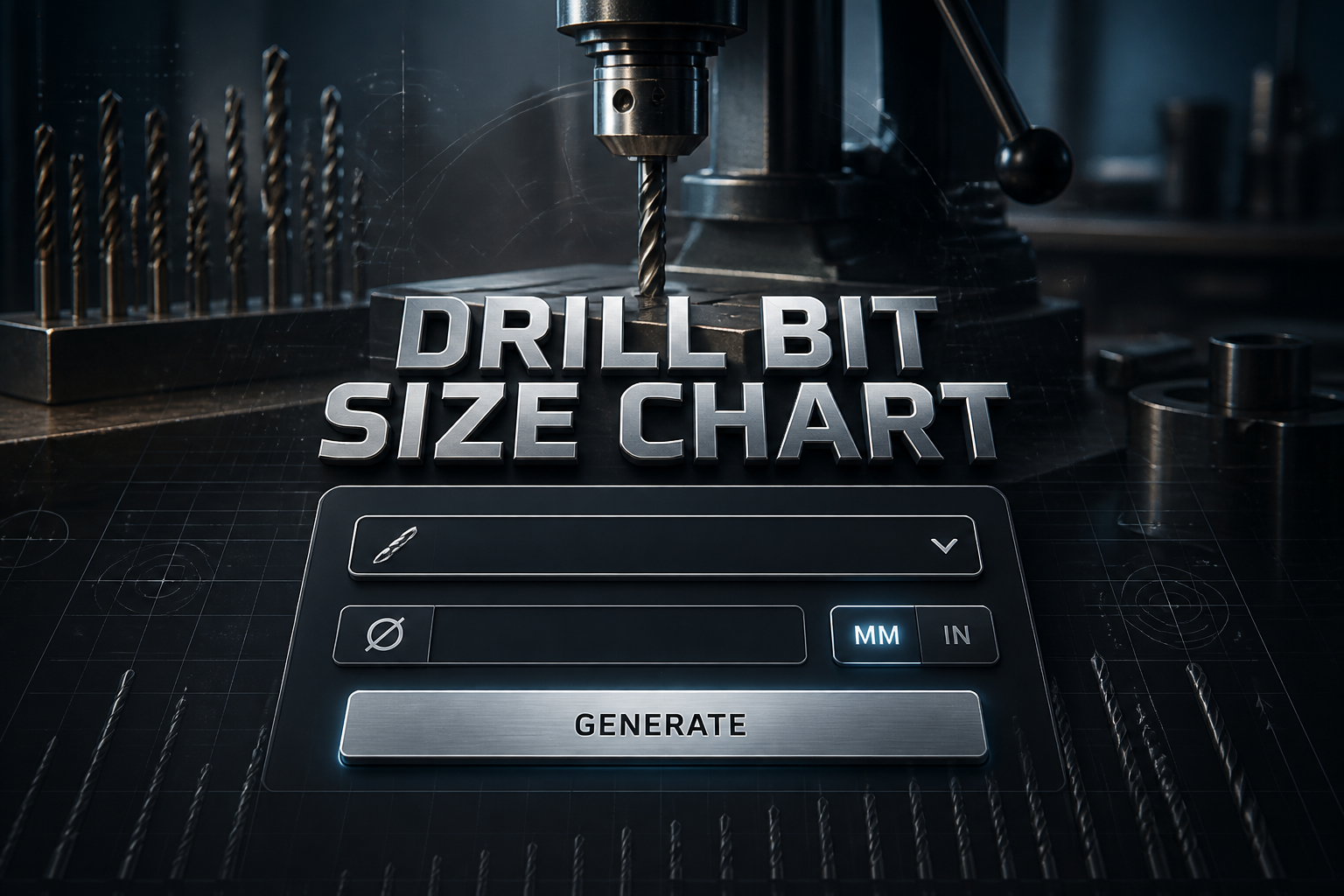 Centered premium UI hero for a drill bit size chart tool, with "Drill Bit Size Chart" in bold black-shadow text, a drill bit type dropdown, size value field, metric/imperial toggle, and Generate button over a workshop drill press background.