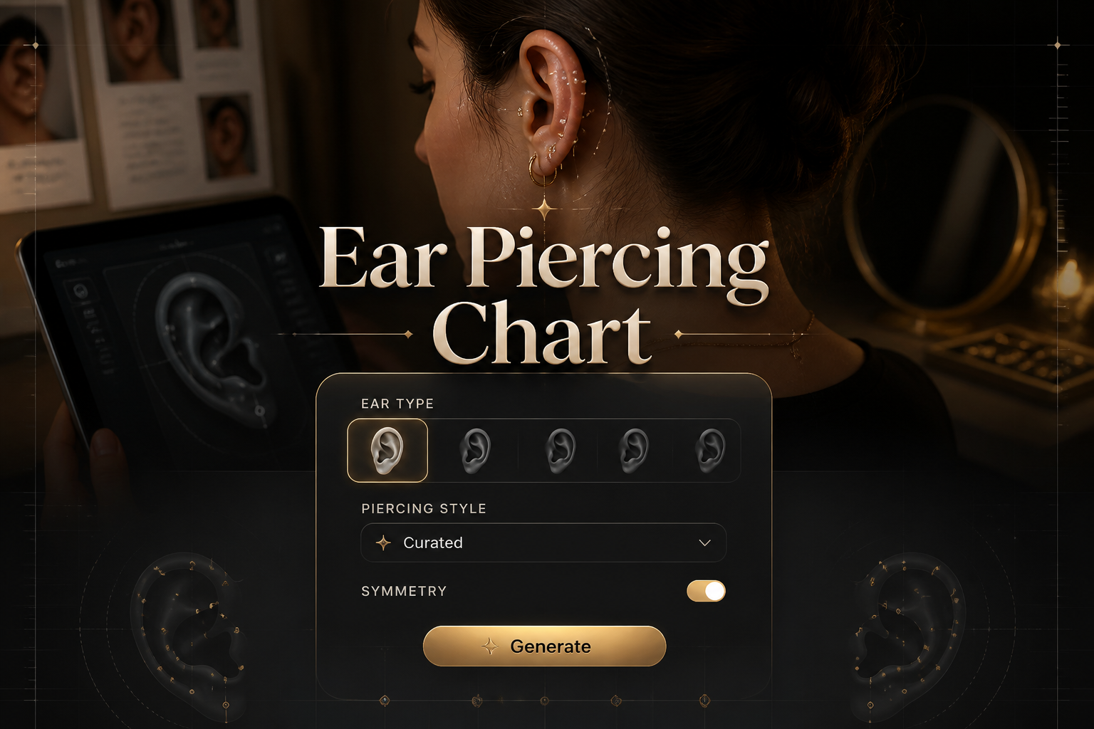 A polished hero graphic shows the title Ear Piercing Chart above a sleek UI panel with an ear type field, piercing style dropdown, symmetry toggle, and Generate button over a high-contrast ear piercing planning background, ideal for an ear piercing chart tool and piercing placement guide.