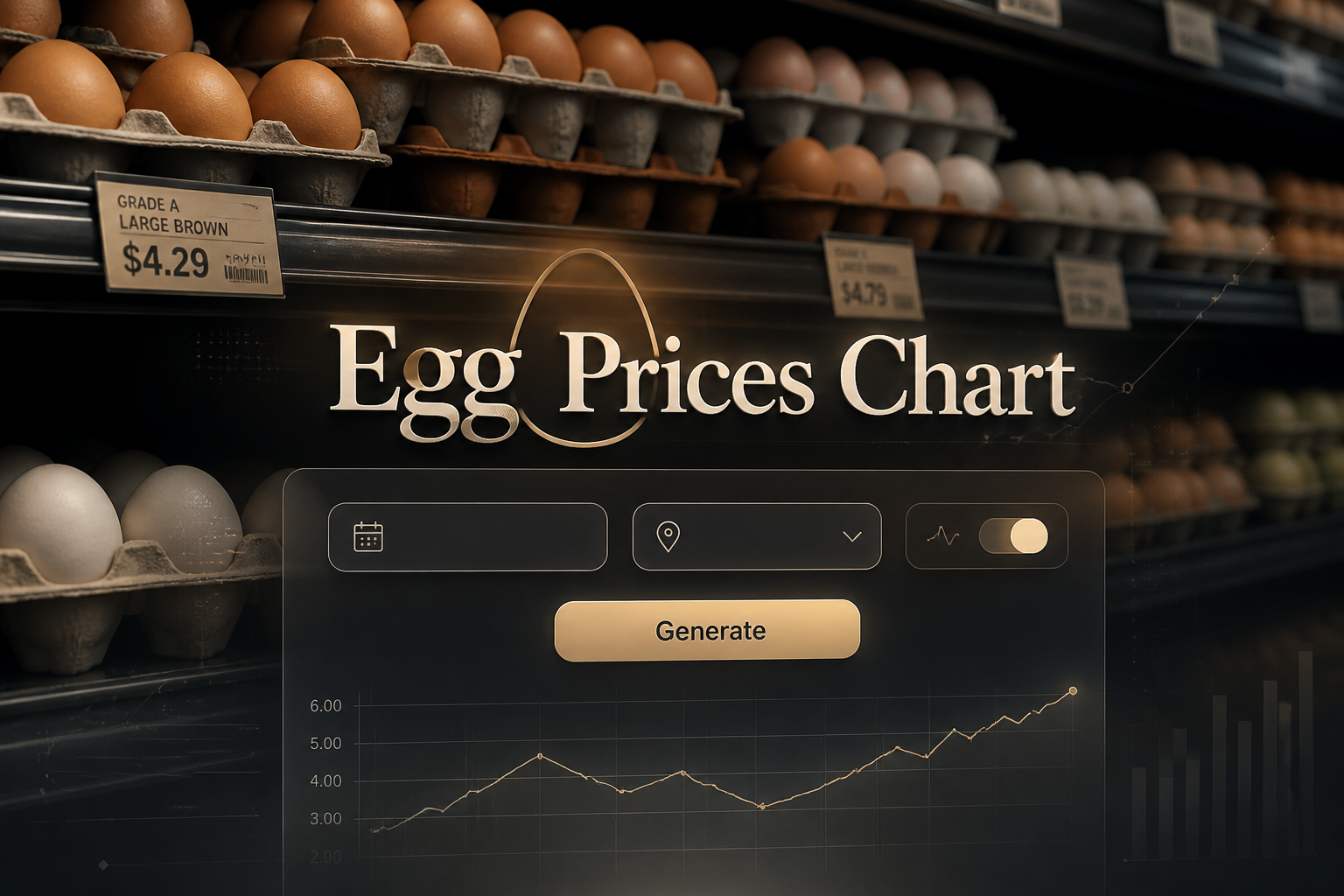 Centered hero graphic for an Egg Prices Chart tool with a shadowed title, date range field, region dropdown, show average toggle, and Generate button over a realistic grocery shelf scene with fresh eggs and price tags, ideal for egg price trend charting.