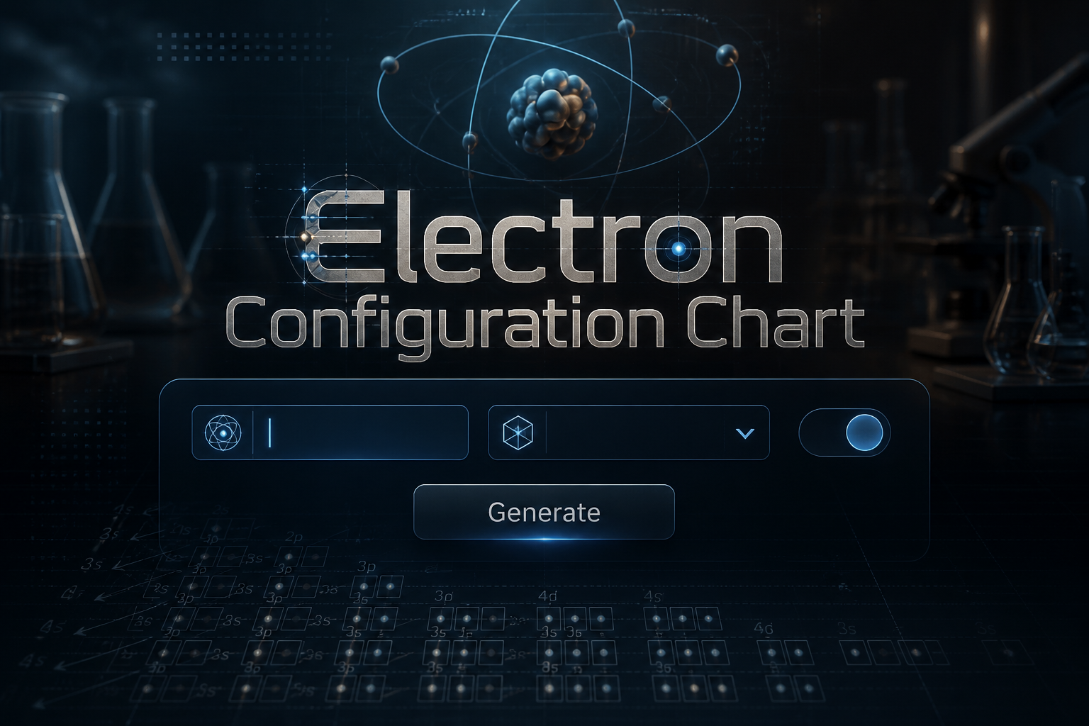 Centered sleek UI hero for an electron configuration chart tool showing the title Electron Configuration Chart, an atomic number input, element dropdown, orbital view toggle, and Generate button over a premium chemistry-themed background with atom hints and grid lines.