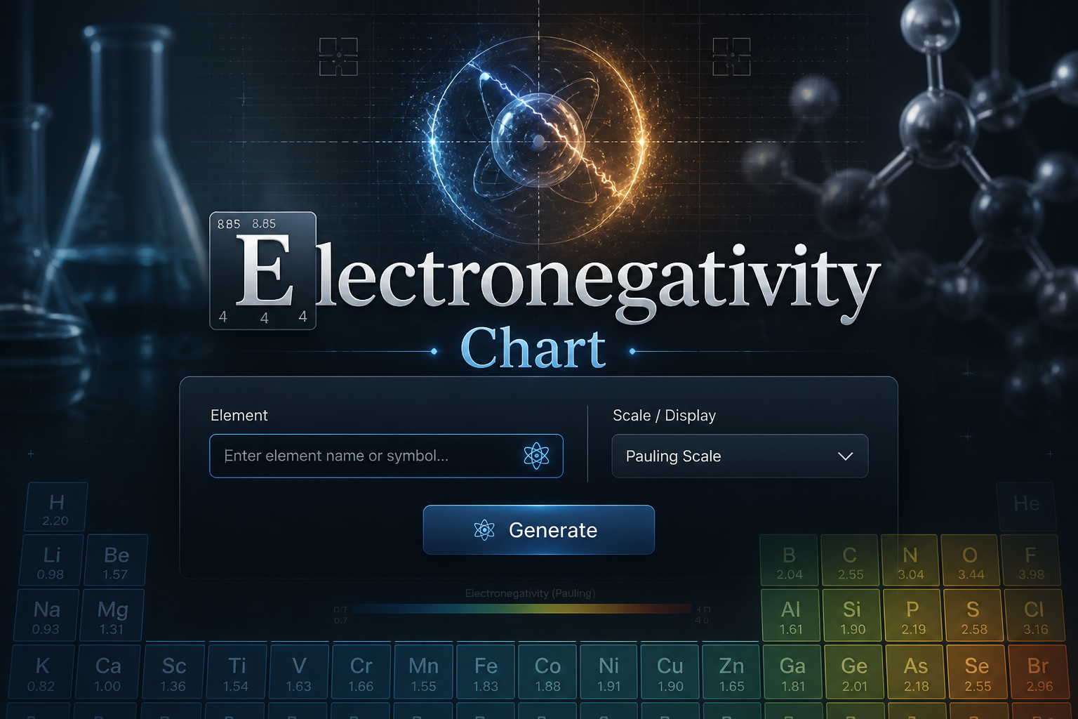 Electronegativity Chart hero image with a centered refined UI panel showing an element name input, scale dropdown, and Generate button, fading into a sleek interactive chart interface with subtle scientific grid accents.