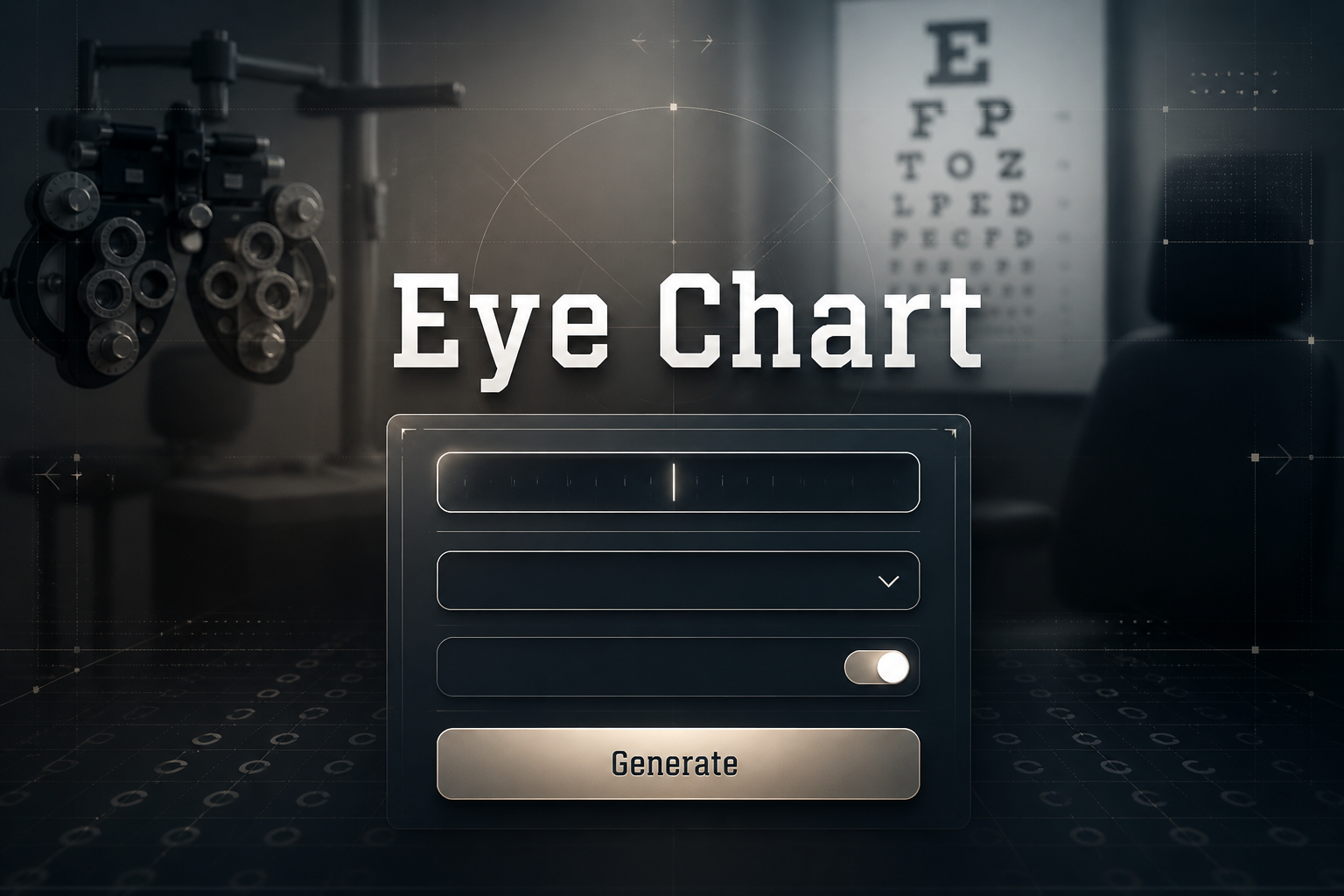 Centered hero image of an eye chart tool UI with the title Eye Chart in soft shadow, a vision level input, blank dropdown, visibility toggle, and Generate button over a premium optometry interface with faint grid lines and alignment arrows.
