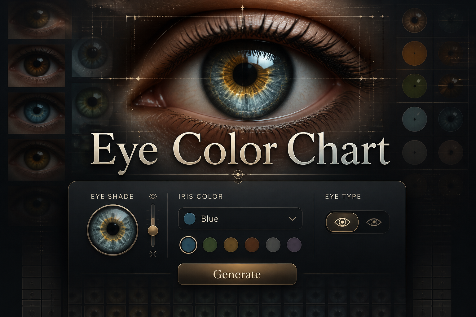Centered hero graphic with the title Eye Color Chart over a sleek eye-shade input, iris color dropdown, eye type toggle, and Generate button, set on a premium dark UI with faint grid lines and a real-life eye color reference background.