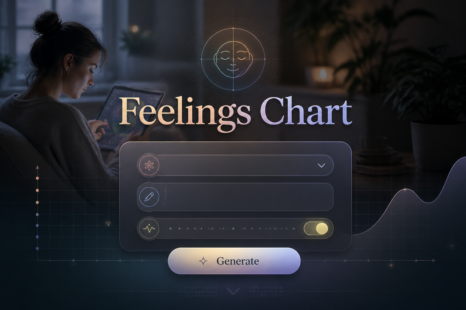 Hero image for Feelings Chart with a centered smart UI panel, dropdown for a feeling category, emotion note field, intensity toggle, and Generate button, over a calm modern scene using a feelings chart for emotional awareness.