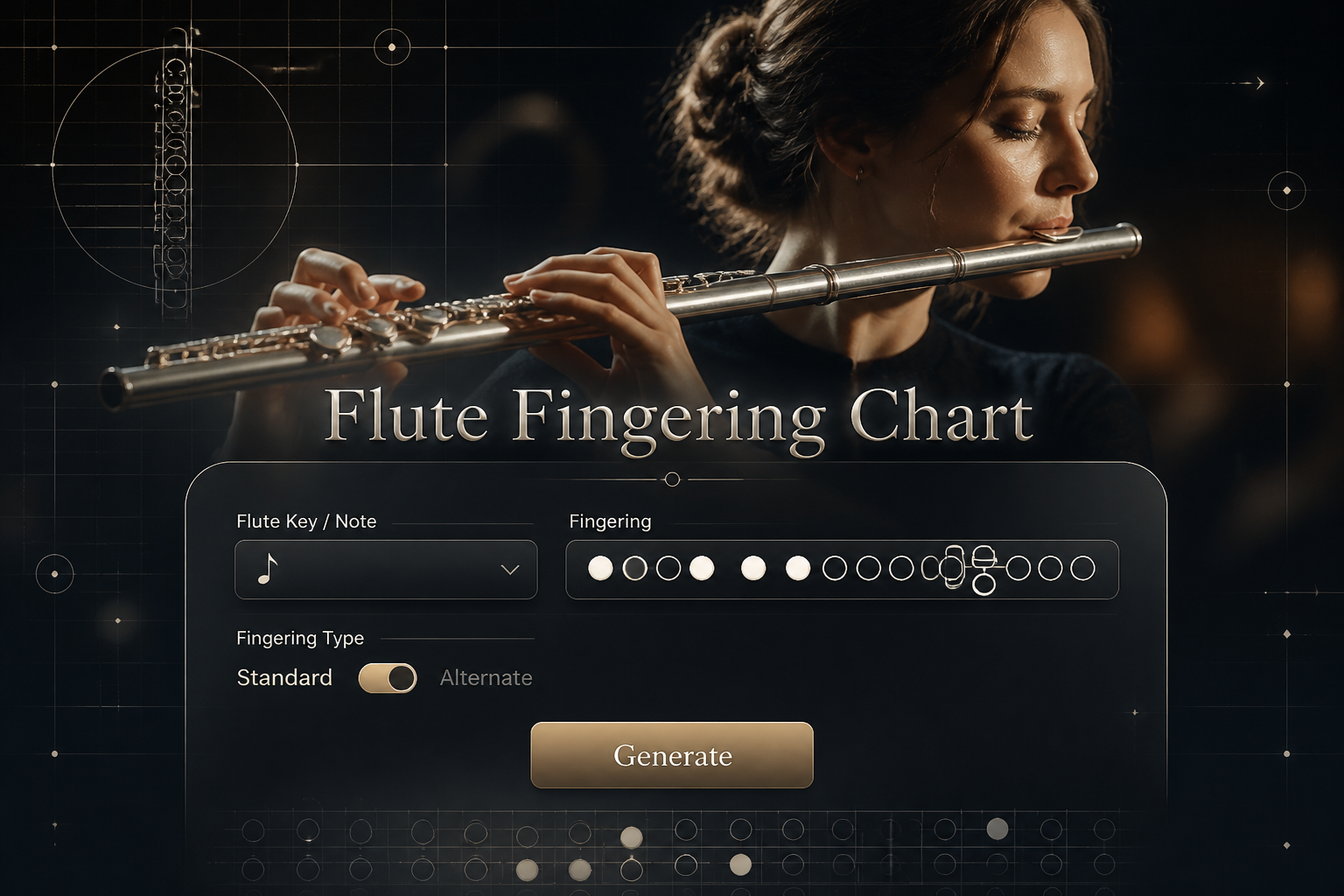 Elegant hero image of a flute player behind a polished interface panel reading Flute Fingering Chart, with flute note dropdown, fingering input, standard or alternate fingering toggle, and Generate button for a flute fingering chart tool.