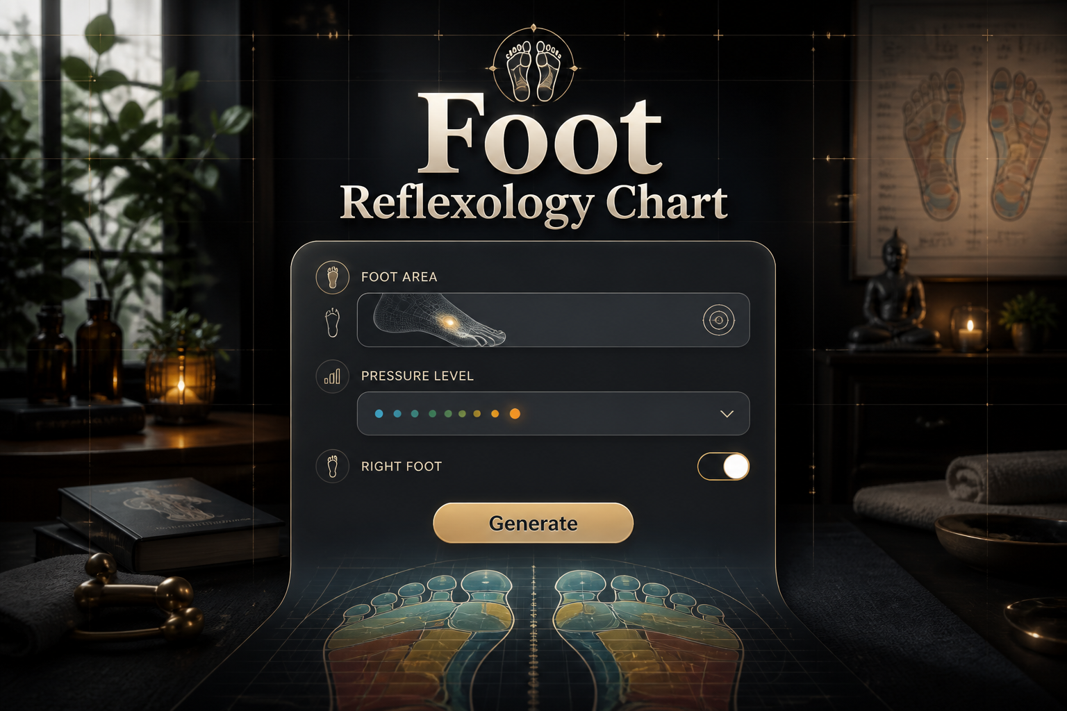 A polished foot reflexology chart hero image shows a centered UI panel with foot area input, pressure level dropdown, right foot toggle, and a Generate button over a premium wellness workspace background with subtle reflexology map markers.