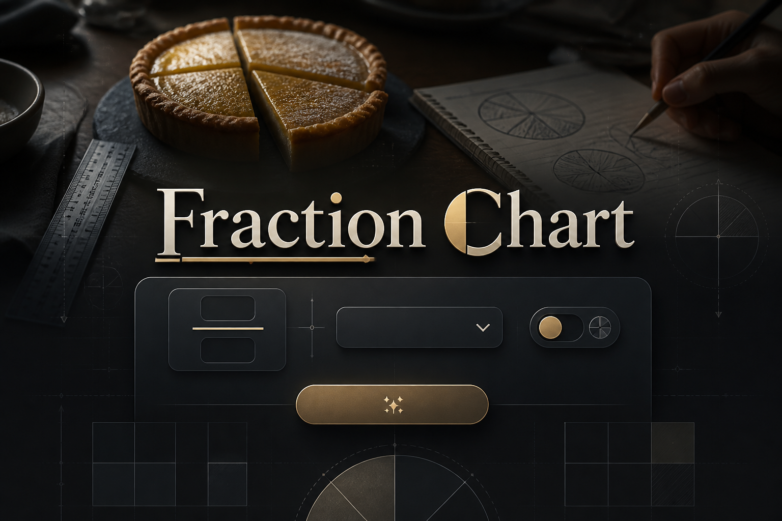 Centered smart UI hero image with Fraction Chart title, a fraction input field, dropdown selector, toggle control, and Generate button over a sleek chart tool panel, ideal for a fraction chart calculator and classroom fraction chart display.
