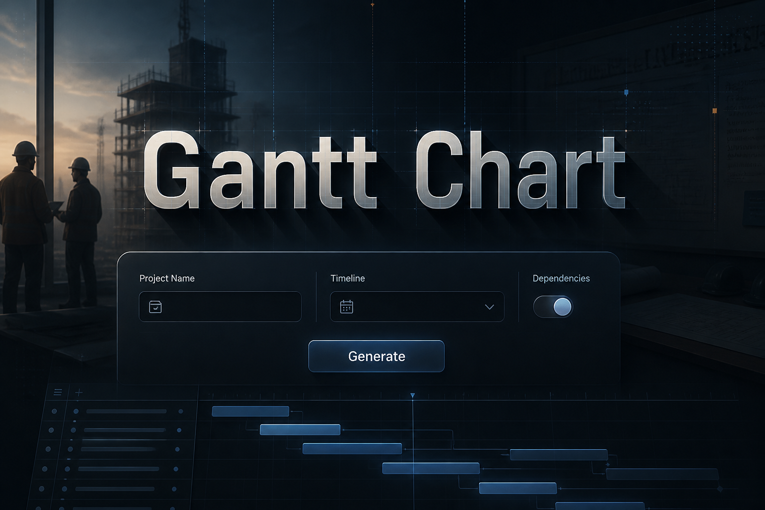 Centered hero graphic for a Gantt chart tool with the title Gantt Chart in layered shadow, a refined project name field, timeline dropdown, dependency toggle, and Generate button, styled as a premium gantt chart project planning interface.