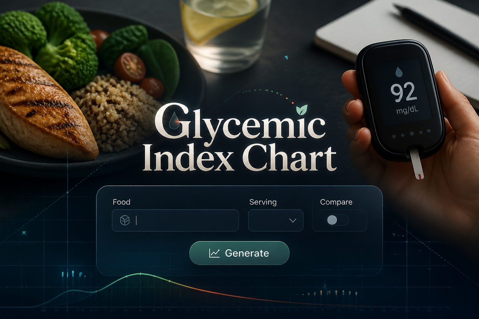 Centered hero graphic of a glycemic index chart tool with a food input, serving dropdown, compare toggle, and Generate button, over a high-contrast nutrition scene with faint grid lines and sleek blood sugar monitoring UI.