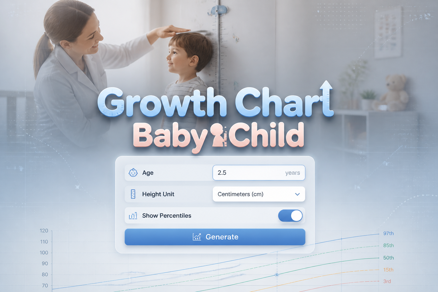 Centered premium UI hero for a growth chart baby child tool with the title Growth Chart Baby Child, an age input, height unit dropdown, show percentiles toggle, and Generate button over a subtle child growth chart background.