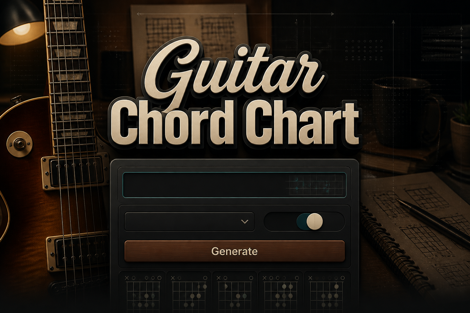 Featured hero image for a guitar chord chart tool showing a centered UI panel with a chord name input, tuning dropdown, compact capo/handedness toggle, and Generate button, over a sleek guitar chord chart workspace with guitar and fretboard.