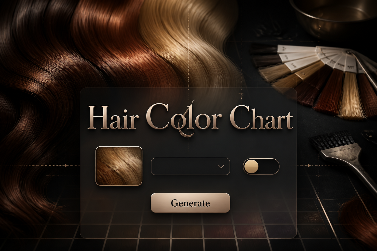 Centered hero graphic for a hair color chart tool with glossy salon hair, a refined UI panel showing a color swatch, dropdown, tone toggle and Generate button, plus subtle grid accents and premium hair color shade finder styling.