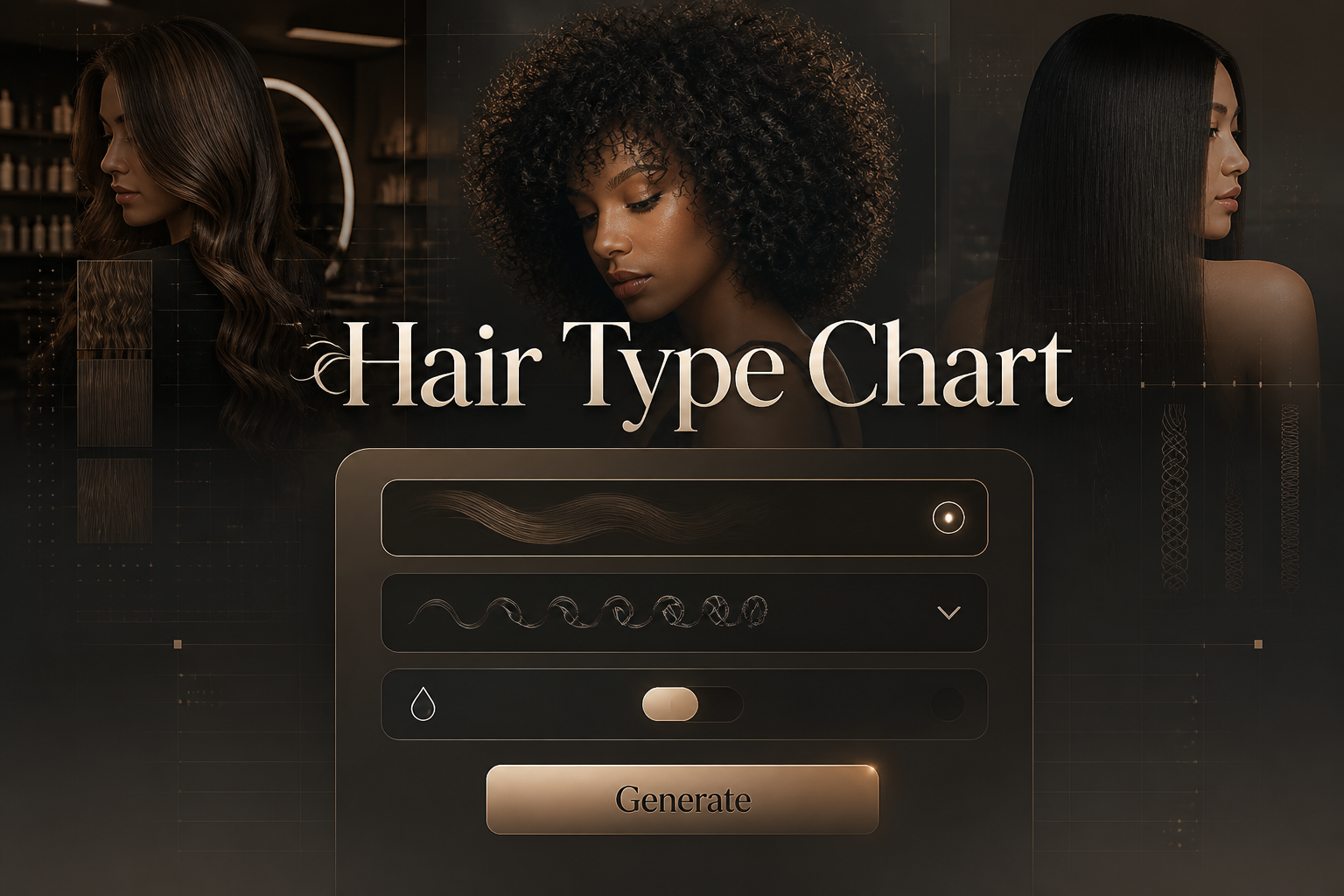 Centered hero graphic for a Hair Type Chart tool showing a refined UI panel with a hair texture input, curl pattern dropdown, moisture level toggle, and Generate button over a sleek salon-inspired background with subtle grid lines.