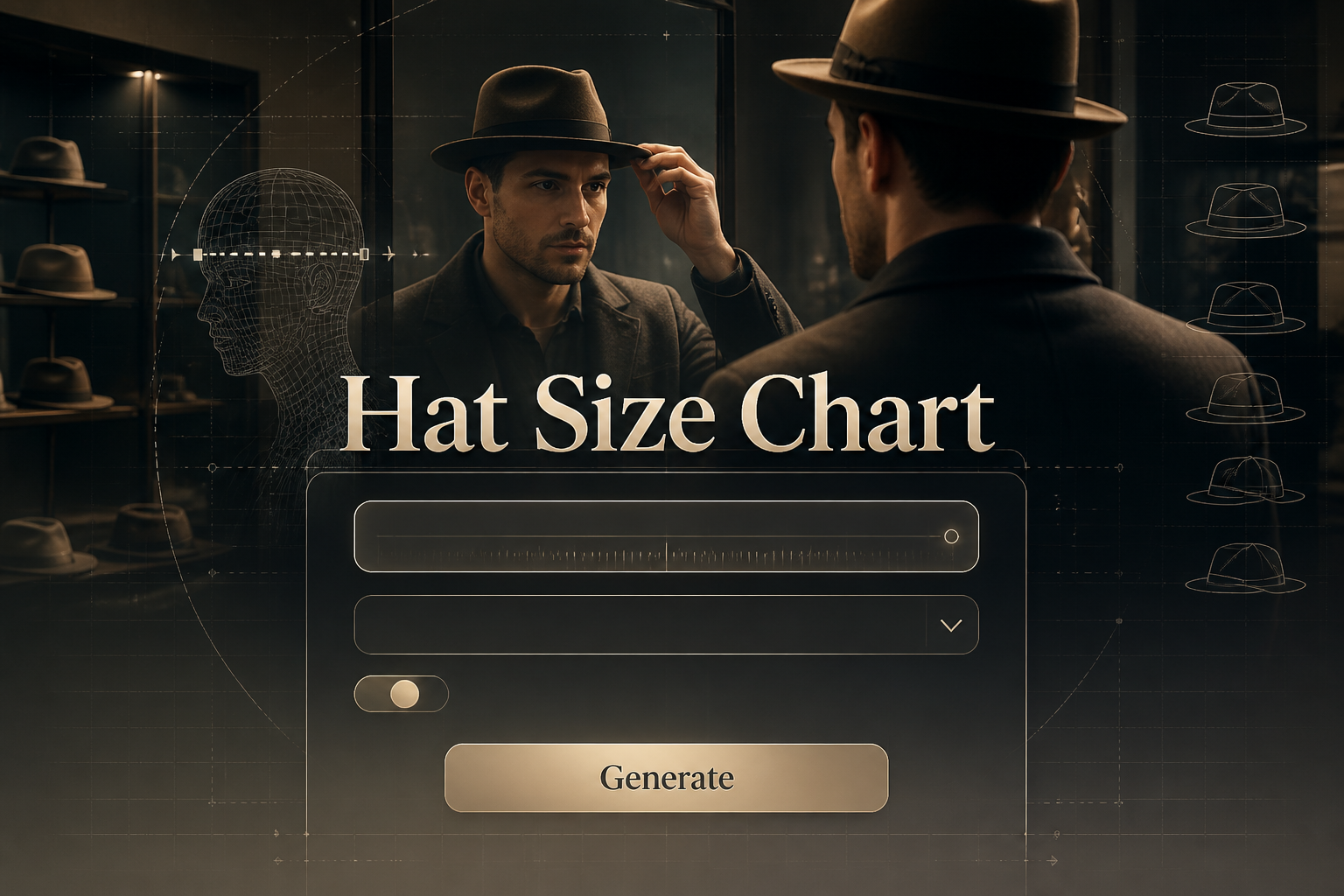 Hero image for a hat size chart tool with the title "Hat Size Chart," a centered input field, hat style dropdown, fit toggle, and Generate button over a realistic person trying on hats with subtle grid lines and premium UI detailing.