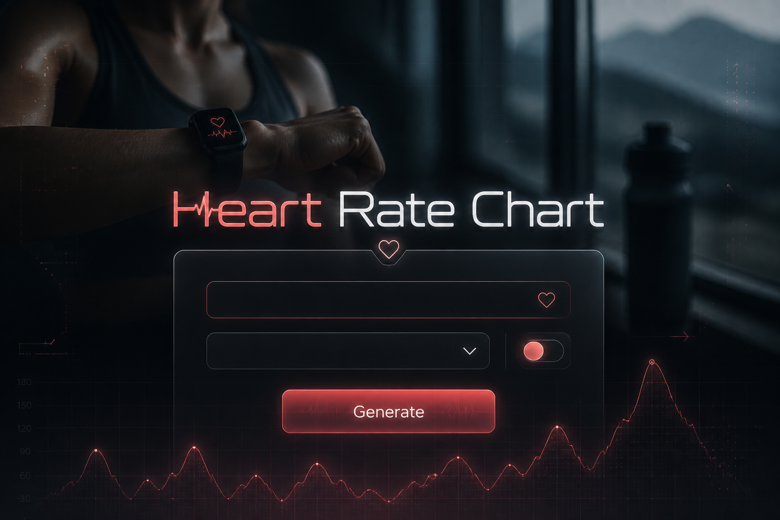 Featured hero graphic for a heart rate chart tool showing the text "Heart Rate Chart" above a sleek centered panel with a heart rate input, blank dropdown, toggle switch, and Generate button over a dark health tracking interface with faint grid lines.