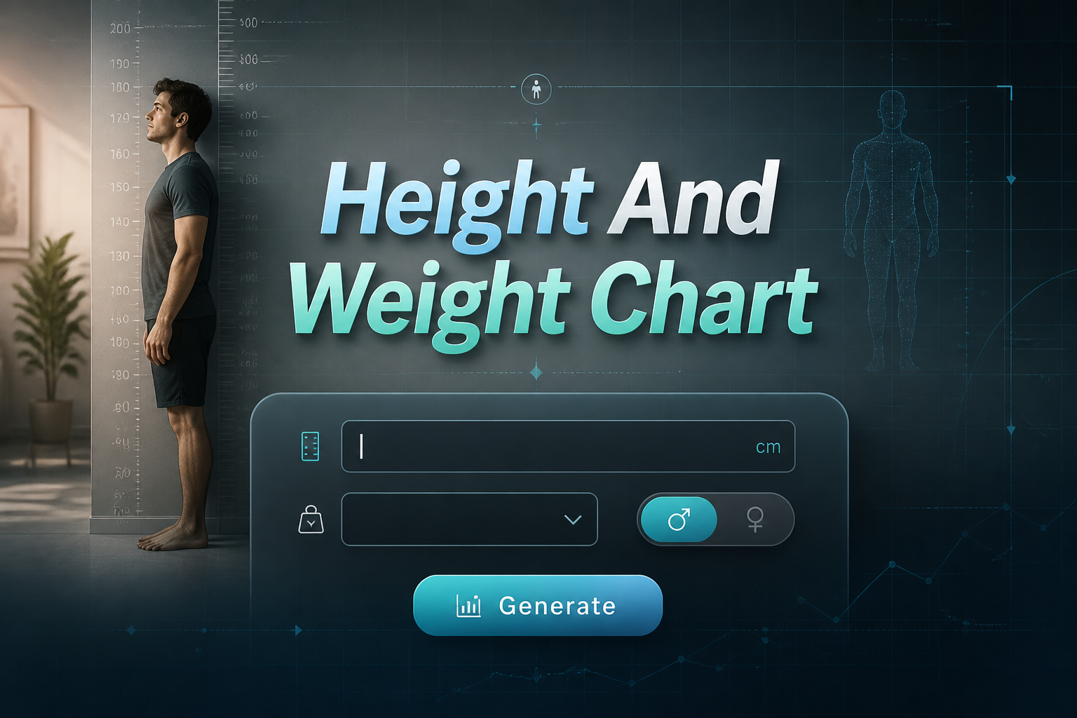 Featured hero image for a height and weight chart tool with centered "Height And Weight Chart" text, a height input, weight unit dropdown, gender toggle, and Generate button over a sleek measuring-chart scene with subtle calibration marks.
