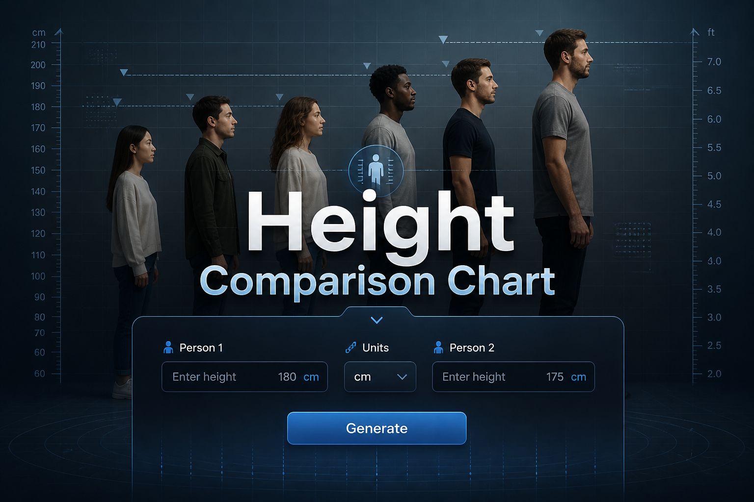 Centered hero graphic for a height comparison chart tool with "Height Comparison Chart" text, Person 1 and Person 2 fields, a height units dropdown, and a Generate button over a sleek comparison chart interface with faint grid and side-by-side people background.