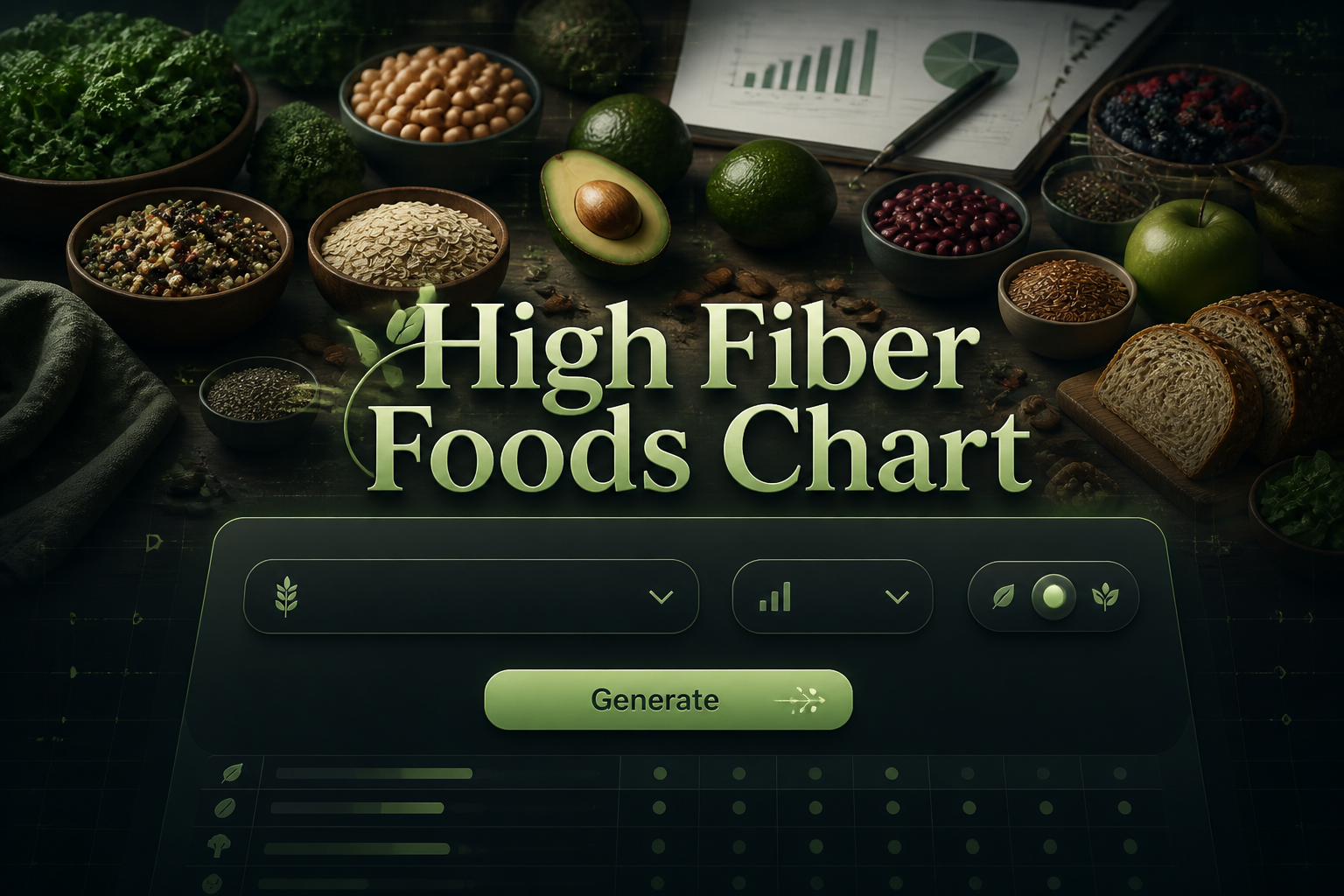 Centered hero graphic for a high fiber foods chart tool with the title "High Fiber Foods Chart," a food type input, fiber level dropdown, dietary toggle, and Generate button over fresh high-fiber foods and a nutrition chart workspace.