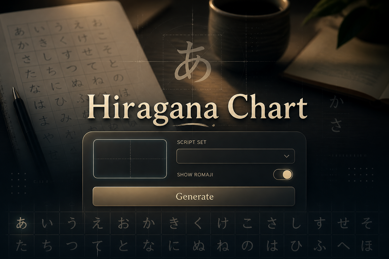 Centered premium hero graphic for a hiragana chart tool with the title Hiragana Chart, a kana input field, script set dropdown, show romaji toggle, and Generate button, set over a sleek learning interface with faint grid lines and alignment arrows.