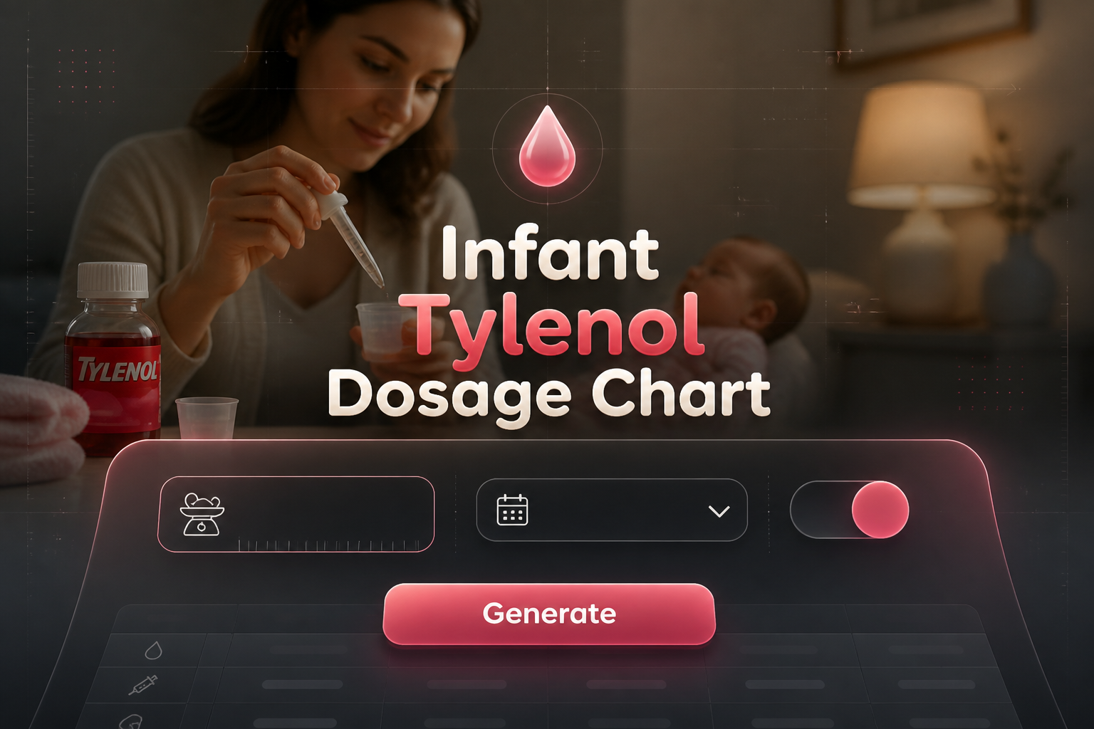 Centered healthcare UI hero with the title Infant Tylenol Dosage Chart over a sleek panel showing an infant weight field, age range dropdown, toggle, and Generate button, with a parent preparing medicine in the dark fading background.