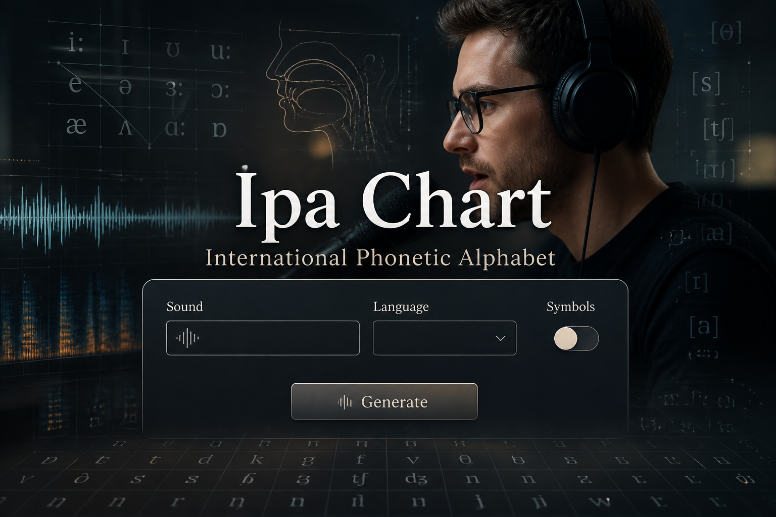 Centered hero graphic for an Ipa Chart International Phonetic Alphabet tool showing a "sound" input, "language" dropdown, "symbols" toggle, and Generate button on a sleek speech analysis interface with phonetic markers and grid details.