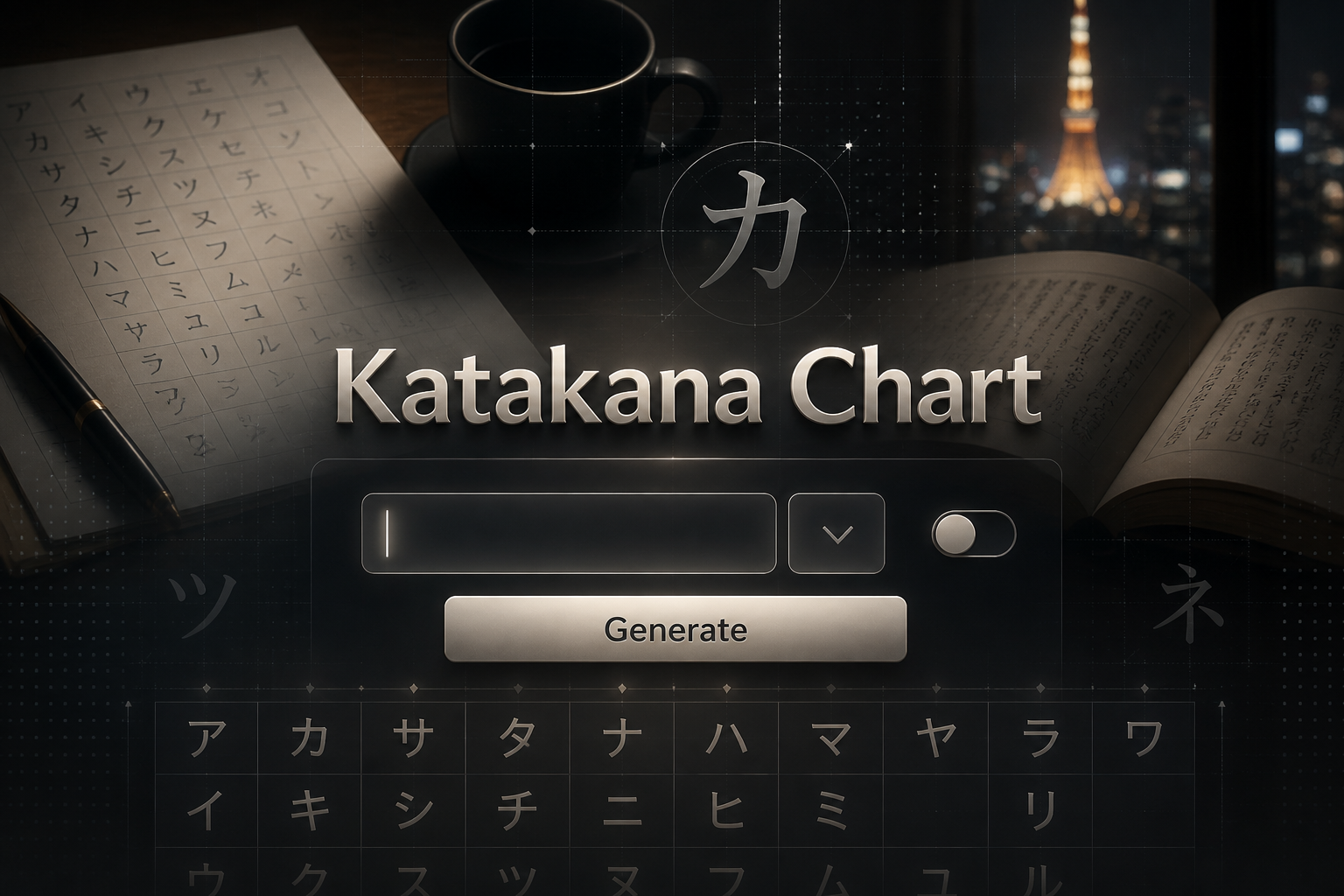 Hero image for a katakana chart tool showing the title Katakana Chart over a sleek centered panel with an input field, blank dropdown, compact toggle, and Generate button, set against a dark language learning interface with subtle grid lines.