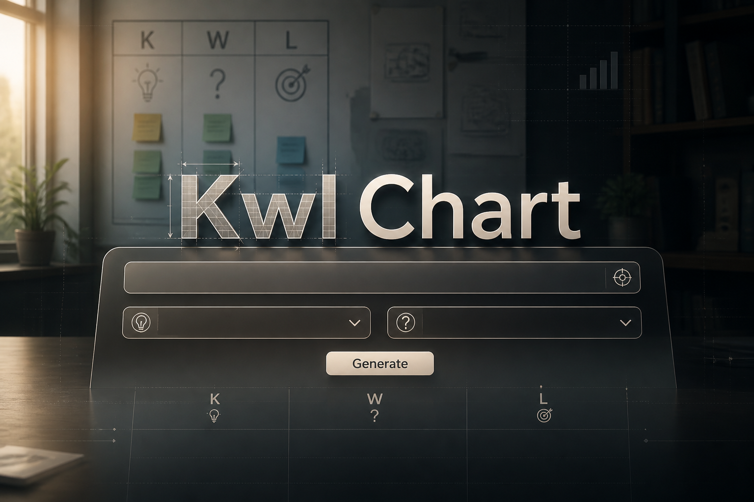 Centered Kwl Chart hero image shows a polished KWL chart interface with topic, Know and Want dropdown fields and a Generate button, set over a classroom-style planning workspace with subtle grid lines and chart tool UI details.