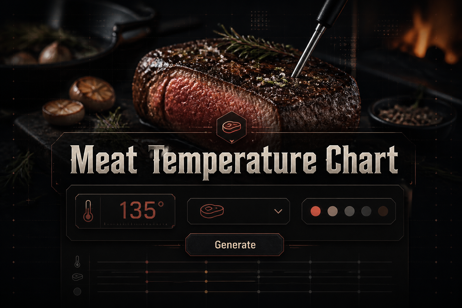 Centered hero graphic for a Meat Temperature Chart tool with a sleek panel, temperature input, meat type dropdown, doneness toggle, and Generate button over a premium steak background, ideal for a meat doneness temperature guide.