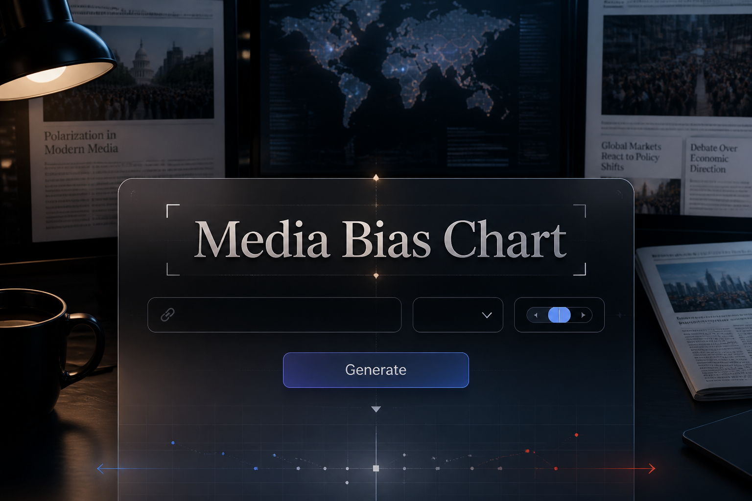 Stylish hero graphic for a media bias chart tool with the title Media Bias Chart, a source input, dropdown selector, category toggle, and Generate button over a polished news analysis interface, ideal for media bias chart comparison and media bias analysis.
