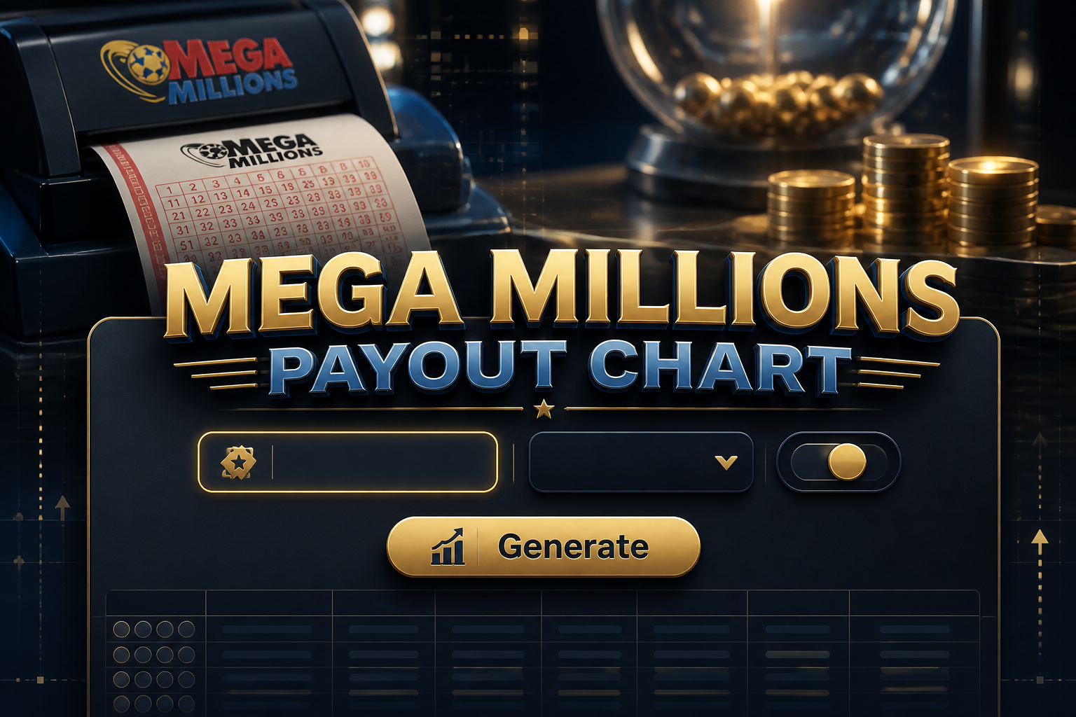Centered hero graphic with "Mega Millions Payout Chart" over a sleek lottery payout calculator UI, showing a ticket amount field, payout type dropdown, toggle switch, and Generate button in a premium blue-and-gold chart tool scene.