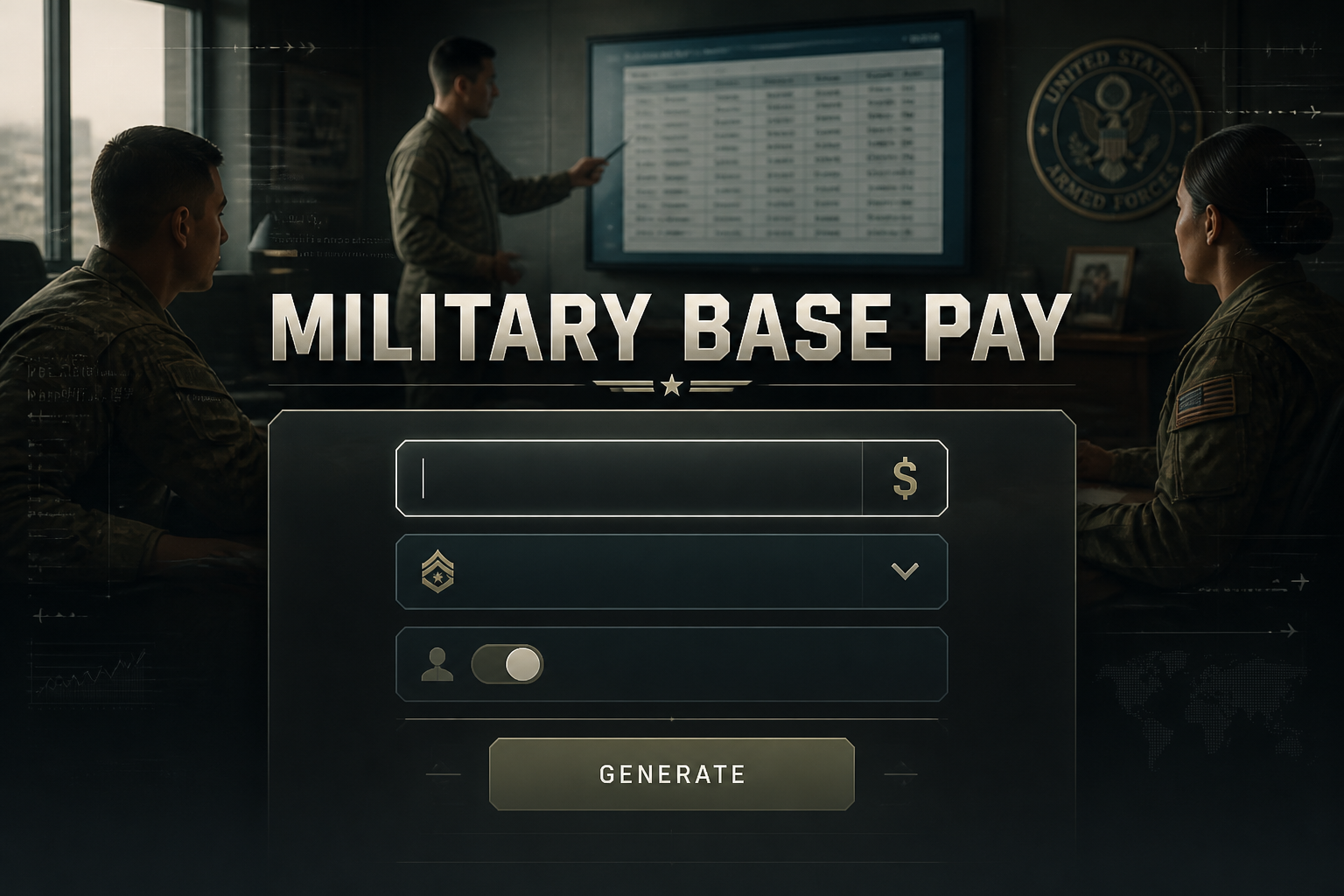 Military Base Pay title sits above a polished military pay calculator UI with a base pay amount field, rank dropdown, duty status toggle, and Generate button, over a realistic military office briefing background for military base pay tool.